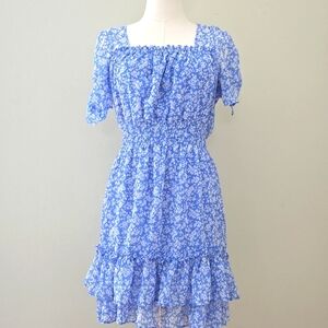 Altard State Blue/White Floral ruffle  Shirred Waist Satin Dress Size Madium